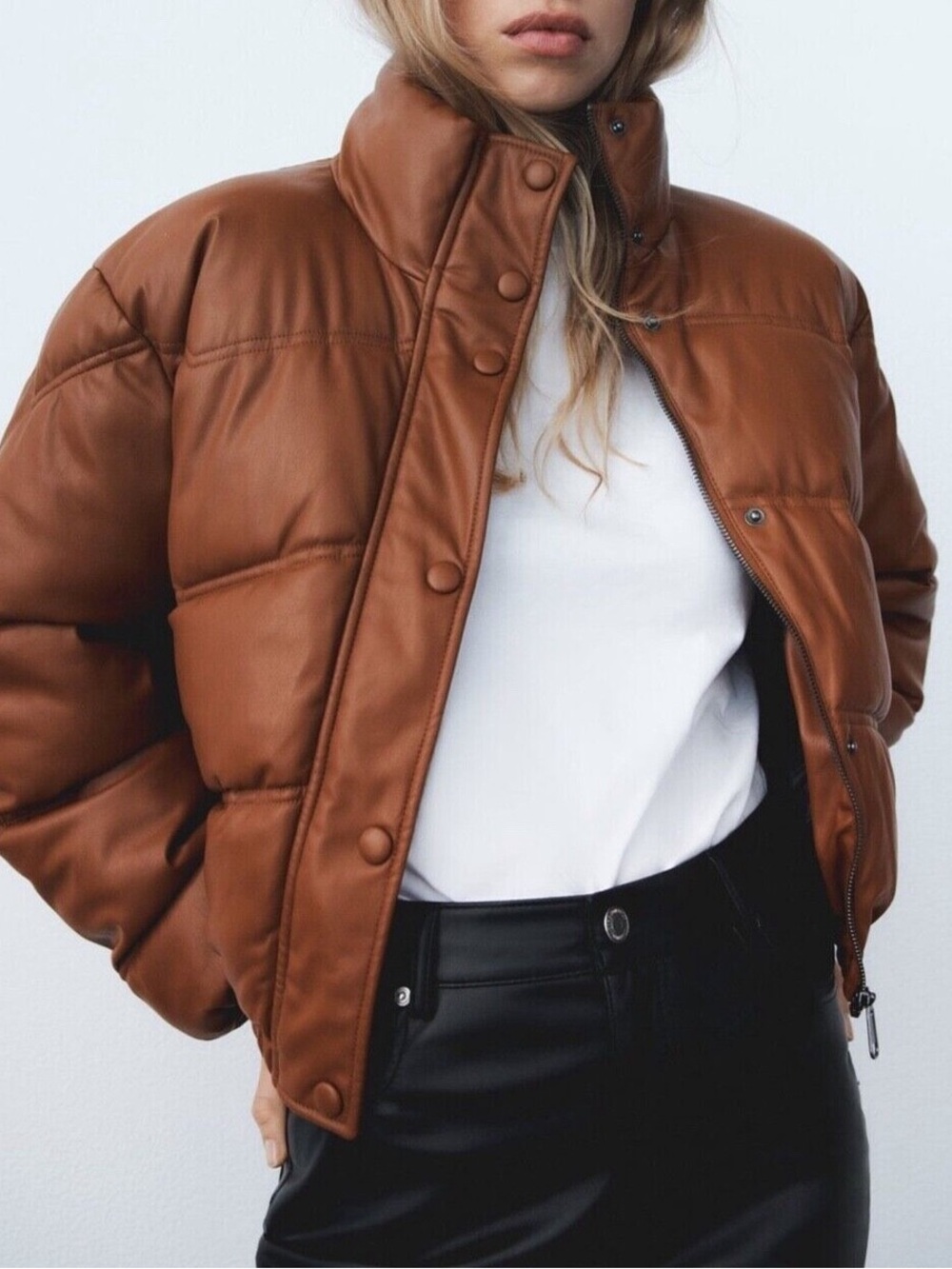 NWOT Zara Chestnut Brown Faux-Leather Puffer Jacket - Picture 2 of 5